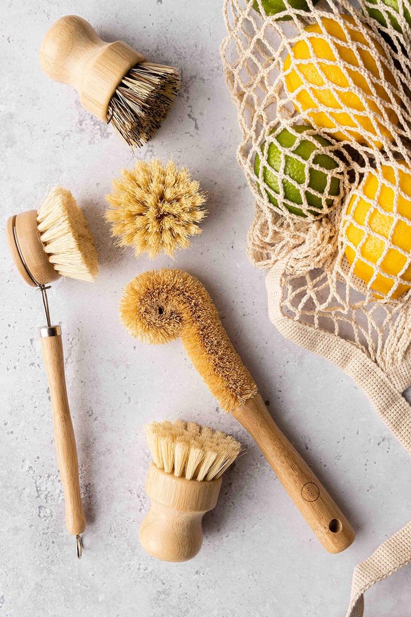 Aryaa ARYA. Wooden Dish Brush Set | 4 Kitchen Washing Up Brushes & One Replacement Head | Bamboo & Natural Fibers | Eco Friendly Wooden Pot Brush Scourer Scrubber Sponge Alternative - Image 2